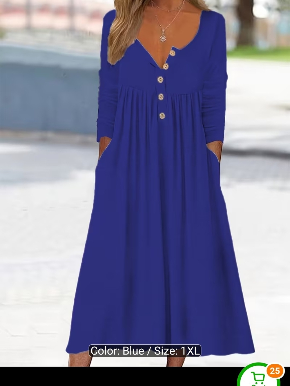 Blue Button-Front Long Sleeve Midi Dress